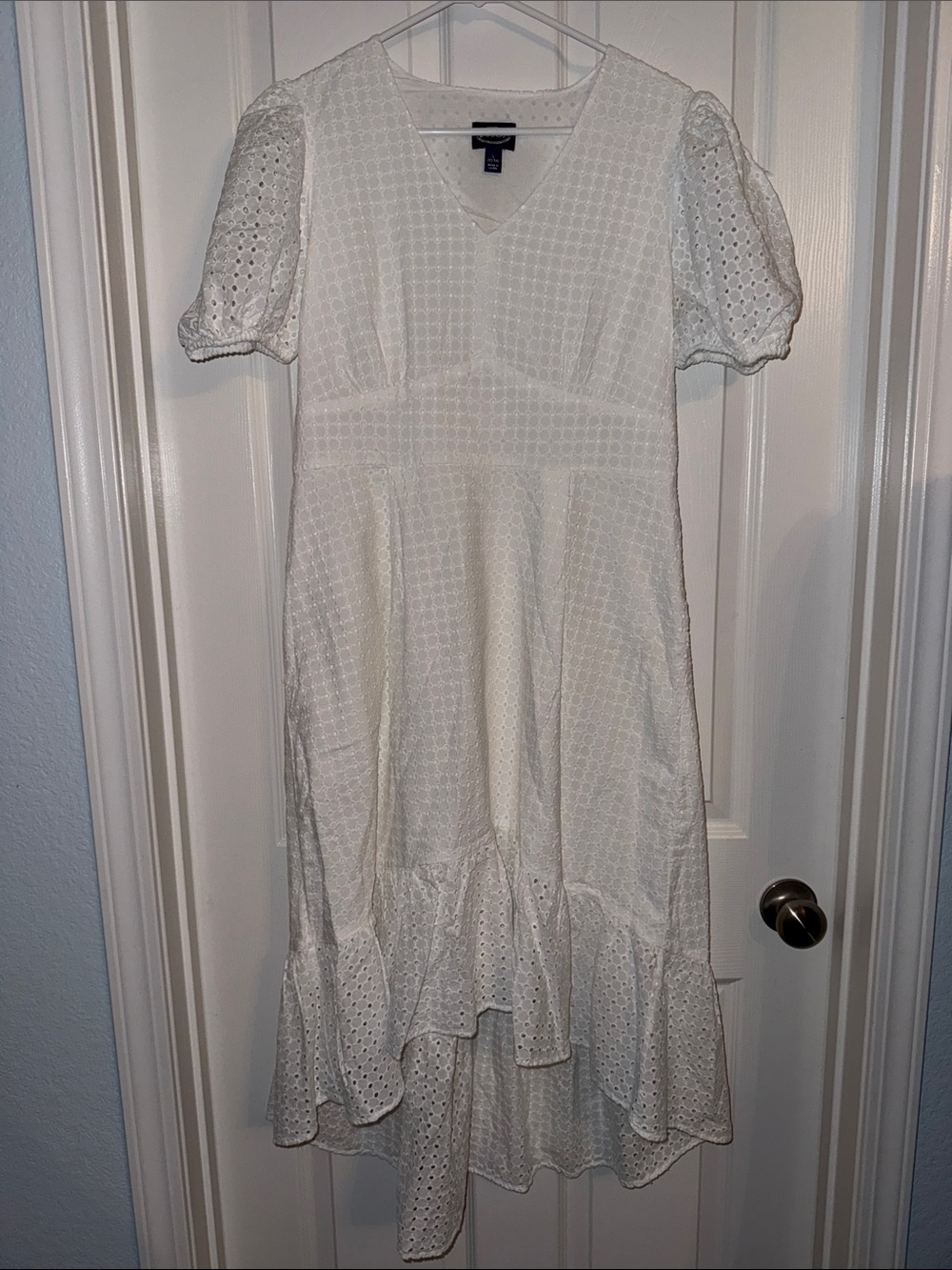 Eyelet V-Neck High-Low Midi Dress in White